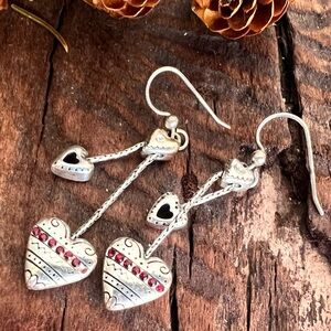 Brighton Hooks Hearts Earring Dangles Triple Heart Cascading Ruby Crystals